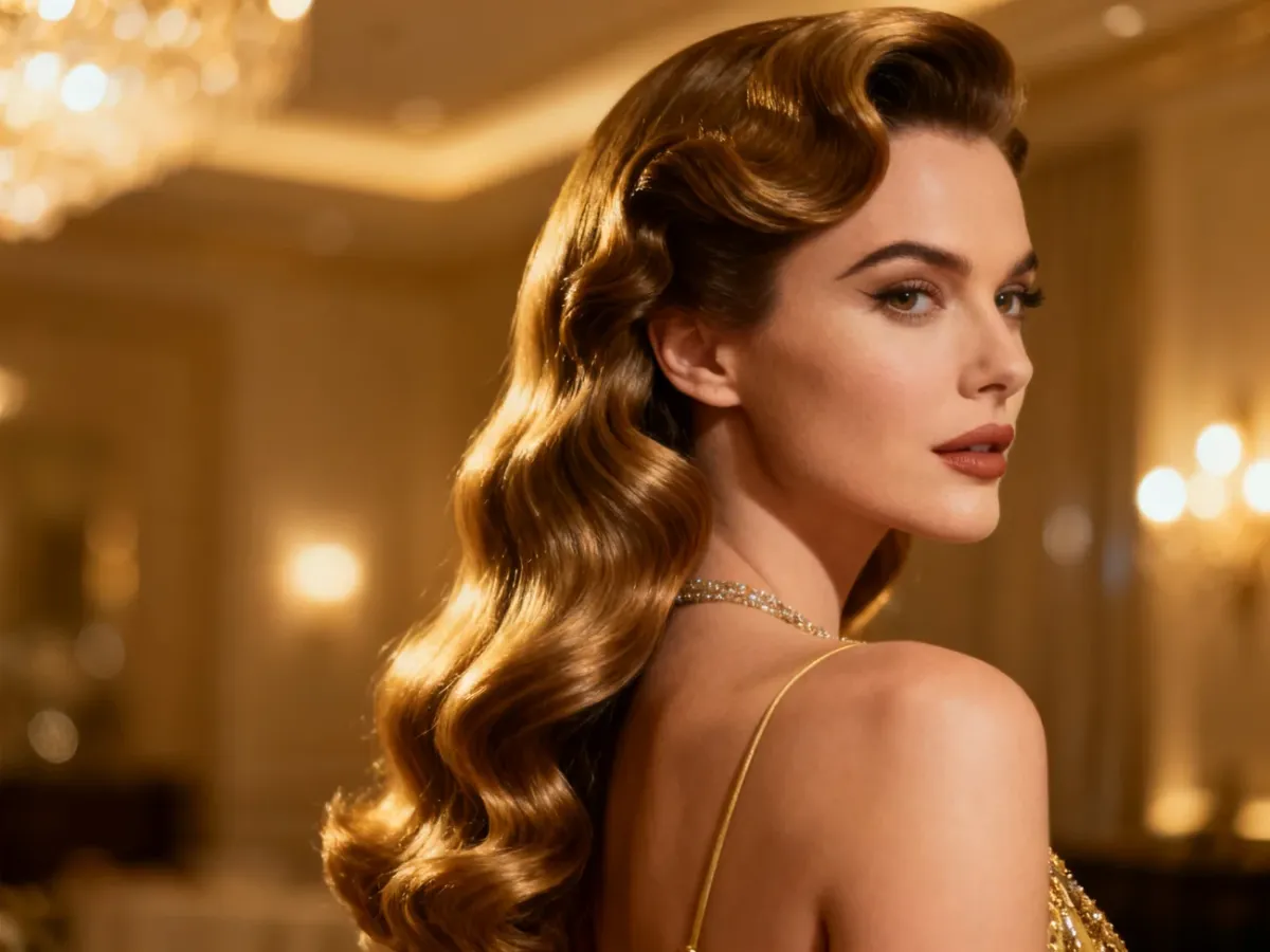 Długie włosy ułożone w eleganckie fale Hollywood