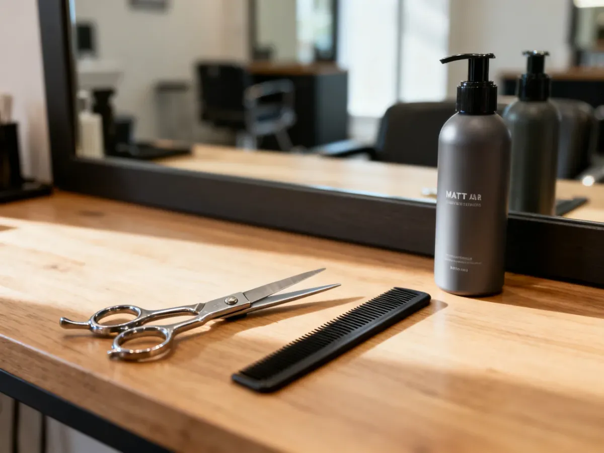 Profesjonalne narzędzia fryzjerskie i matowa pasta do włosów na drewnianym blacie w nowoczesnym salonie barberskim.