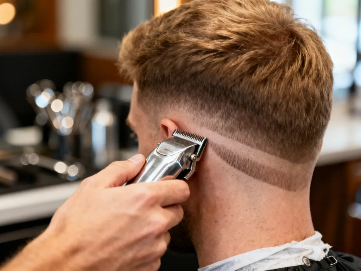 Fryzjer precyzyjnie wykonuje strzyżenie typu skin fade maszynką na tyłach głowy mężczyzny w nowoczesnym salonie.