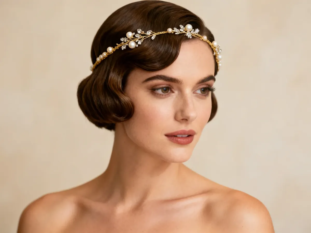 Krótka fryzura z eleganckimi falami retro i cienką opaską