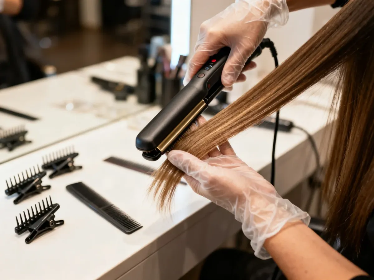 Stylist prostujący cienkie pasmo włosów prostownicą podczas zabiegu keratynowego
