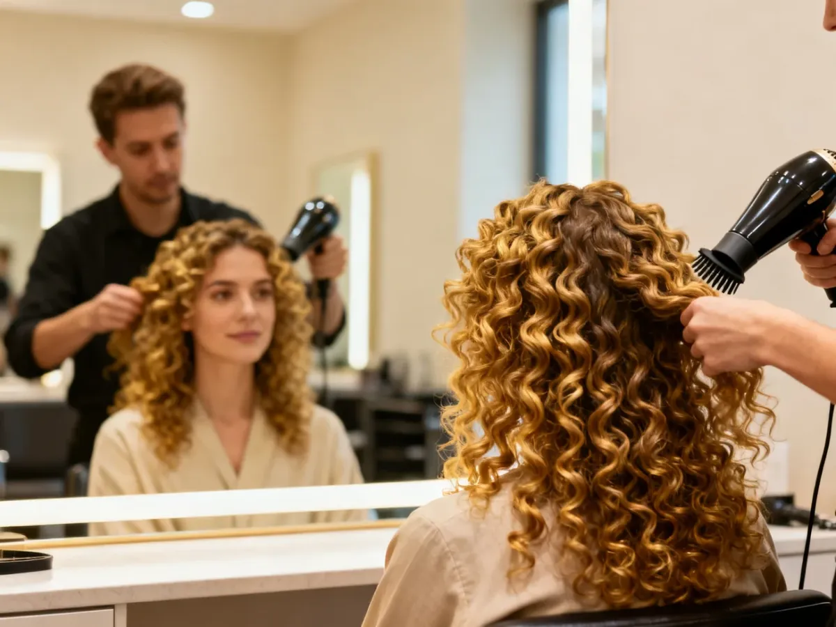Fryzjer pokazuje klientce stylizację loków dyfuzorem