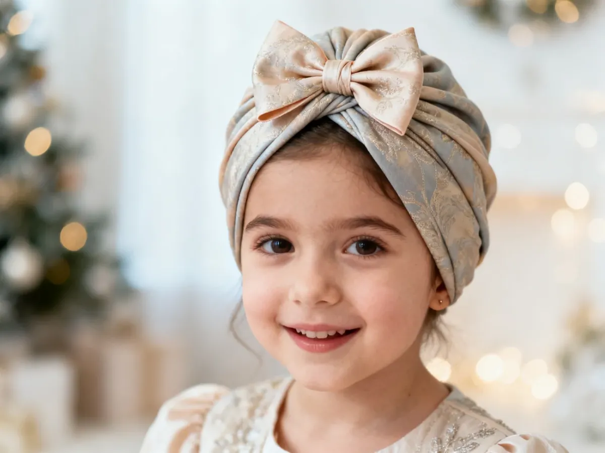 Dziewczynka w ozdobnym turbanie z kokardą podczas uroczystej stylizacji