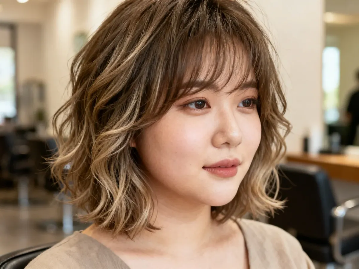 Textured shag bob with loose waves below the chin