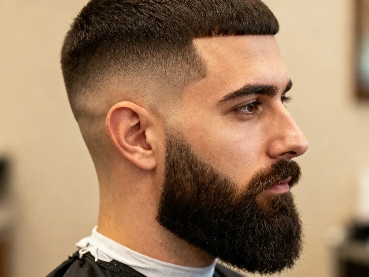 Low fade płynnie połączony z zadbaną brodą