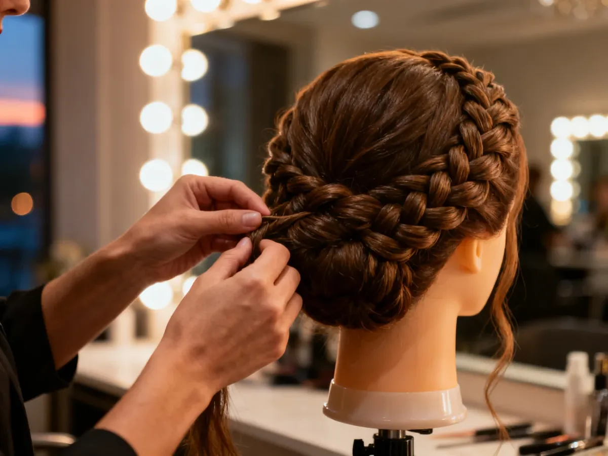 Fryzjer tworzy eleganckie upięcie z warkoczem na główce treningowej, prezentując inspirację na fryzurę wieczorową.
