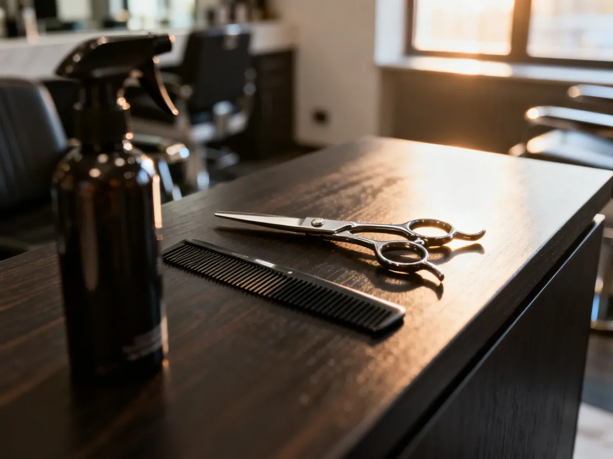 Profesjonalne nożyczki fryzjerskie i grzebień ułożone na drewnianym blacie w nowoczesnym salonie barberskim.
