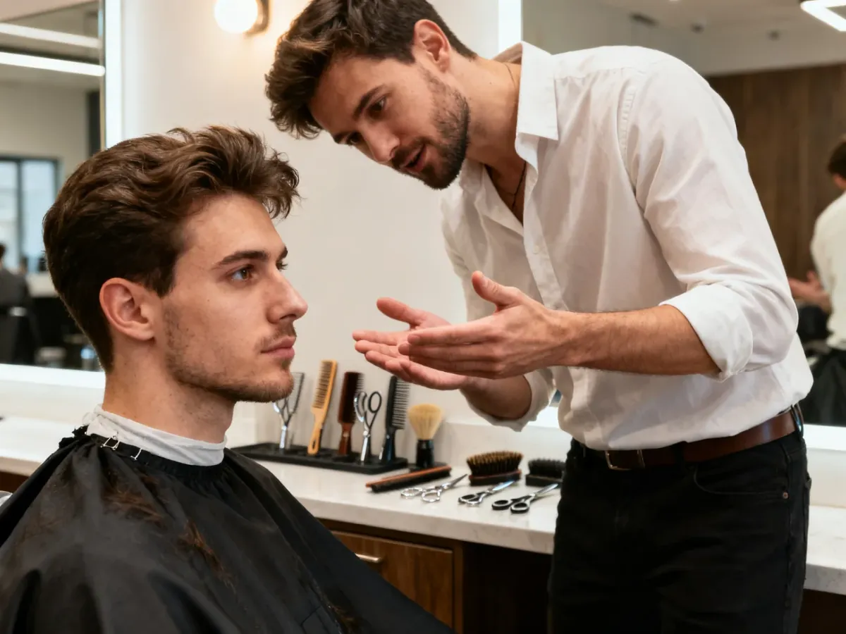 Barber konsultujący z klientem wybór odpowiedniej fryzury