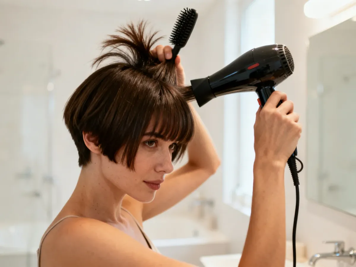 Stylizacja fryzury pixie bob w domu za pomocą suszarki i okrągłej szczotki