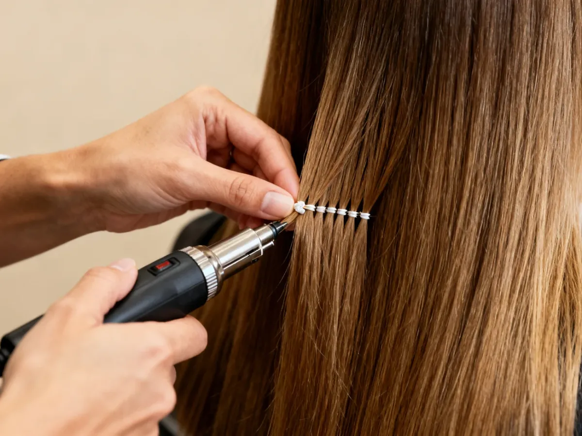 Stylista łączy naturalne włosy z pasmem keratynowym za pomocą zgrzewarki