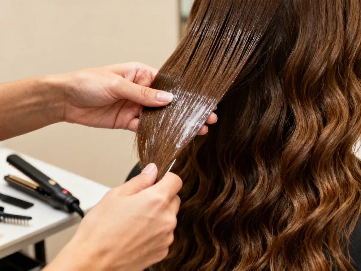 Stylist applying a smoothing treatment to wavy hair in a salon