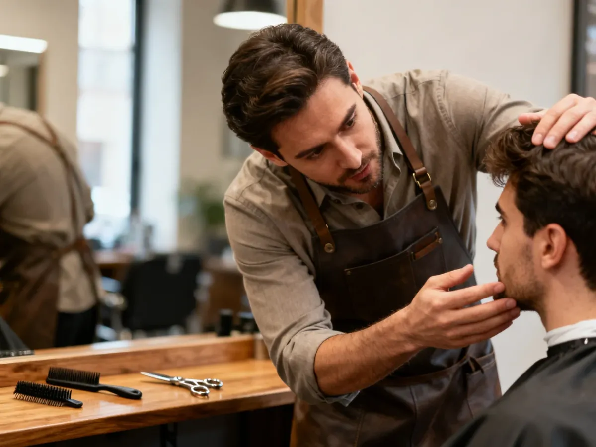 Barber konsultuje z klientem klasyczną fryzurę męską w schludnym salonie