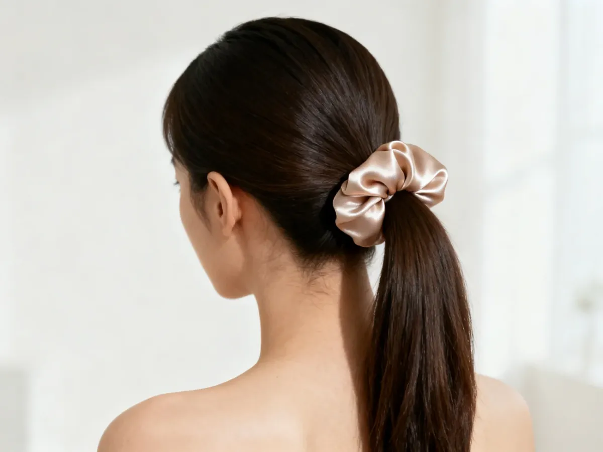 Kobieta z wysokim kucykiem ozdobionym satynową scrunchie