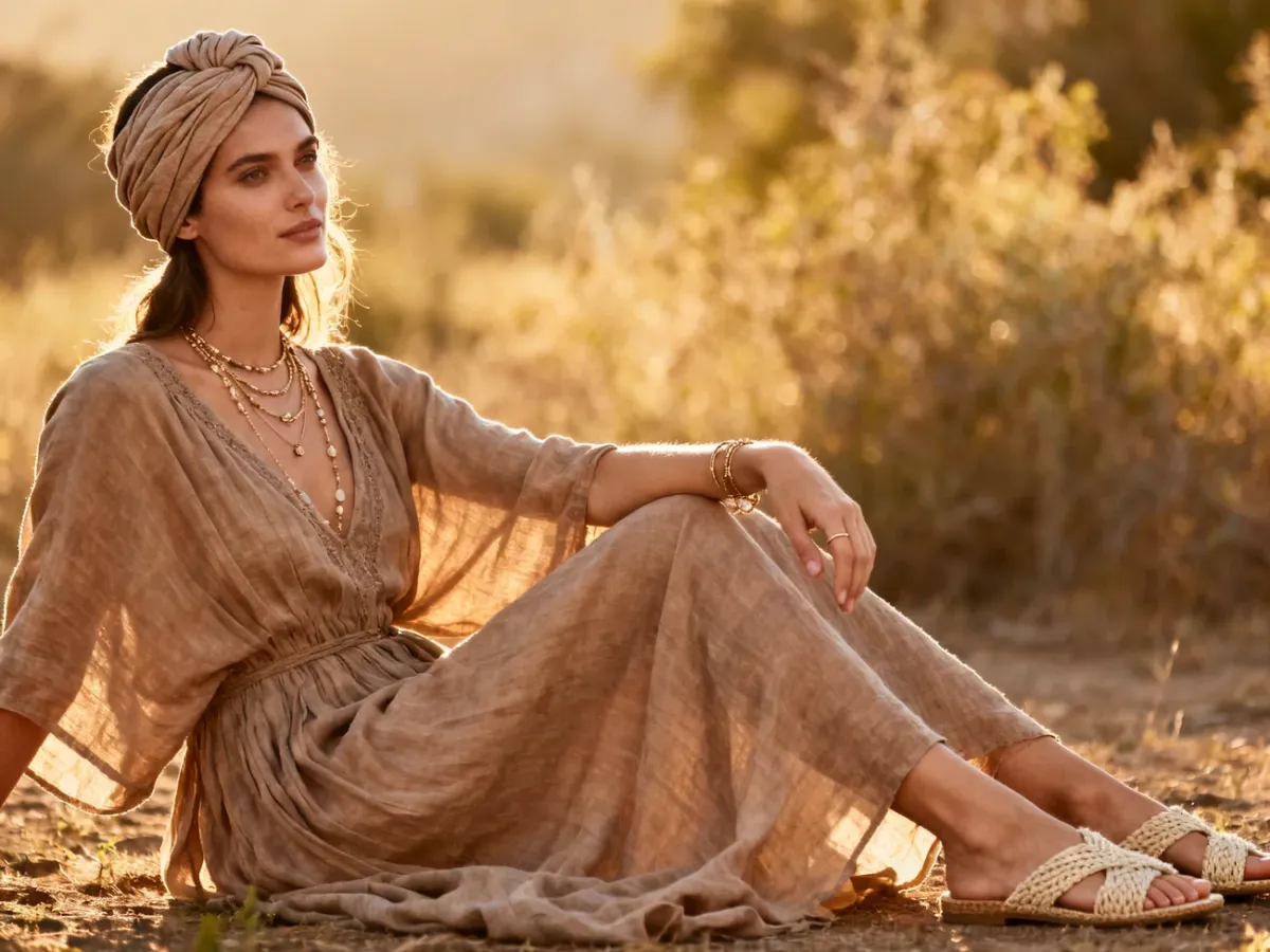 Elegancka boho stylizacja z opaską turban i sukienką maxi