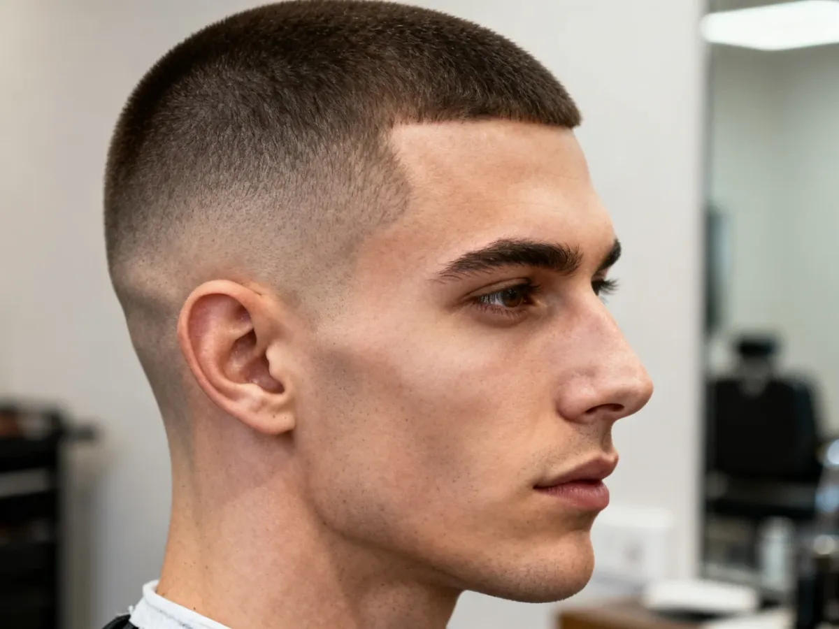 Mężczyzna z bardzo krótkim cięciem Buzz Cut i wyraźnymi rysami twarzy