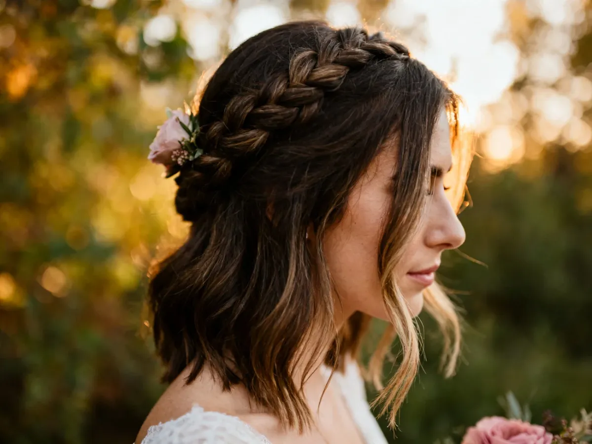 Luźny boho warkocz z delikatną ozdobą kwiatową