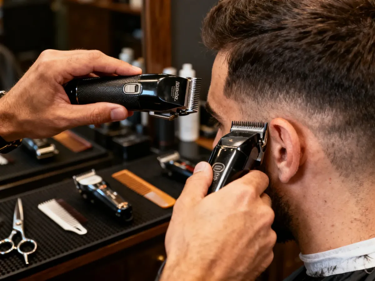 Barber precyzyjnie wykonujący blend skin fade za pomocą maszynki