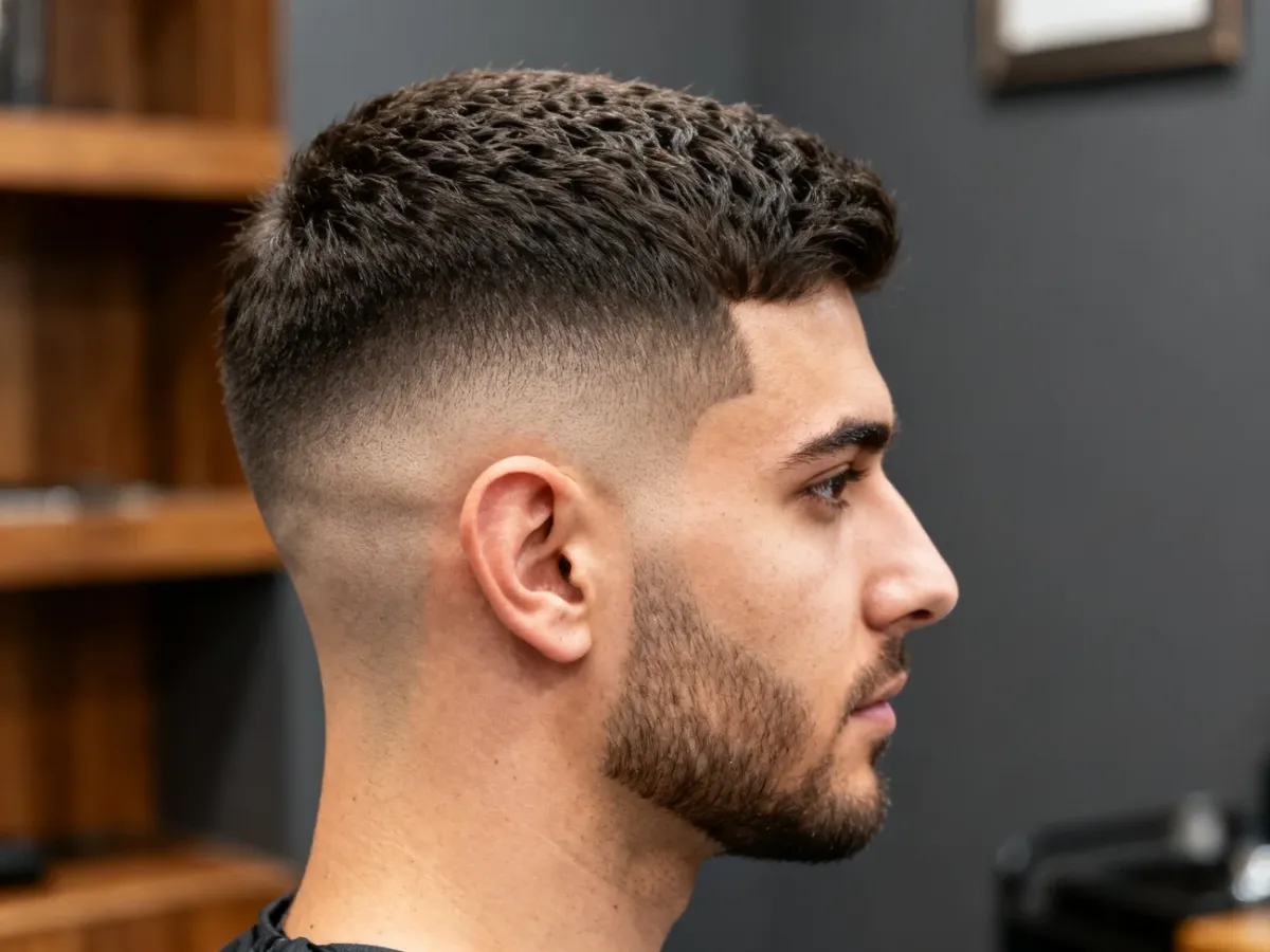 Mężczyzna z fryzurą mid taper fade widzianą z boku i tyłu