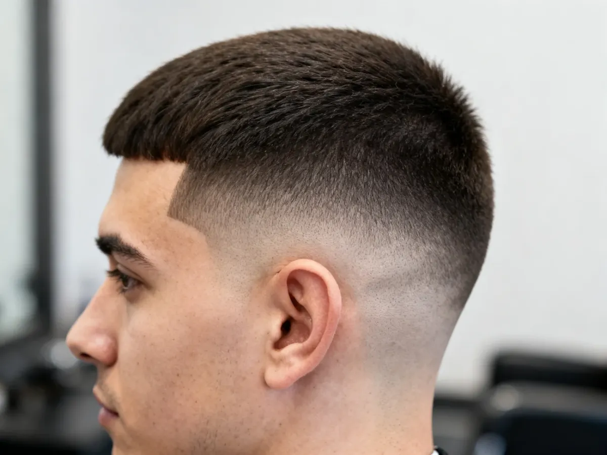 Niskie przejście low fade z bardzo krótkim wykończeniem przy skórze