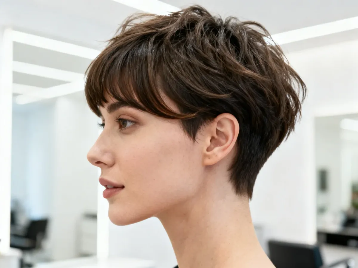 Kobieta z teksturowaną fryzurą pixie cut