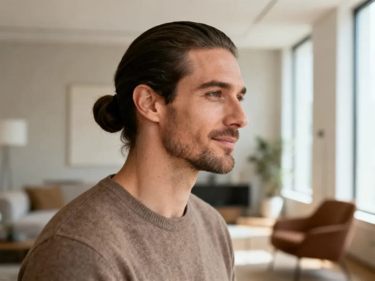 Mężczyzna z długimi włosami zaczesanymi do tyłu i związanymi w man bun
