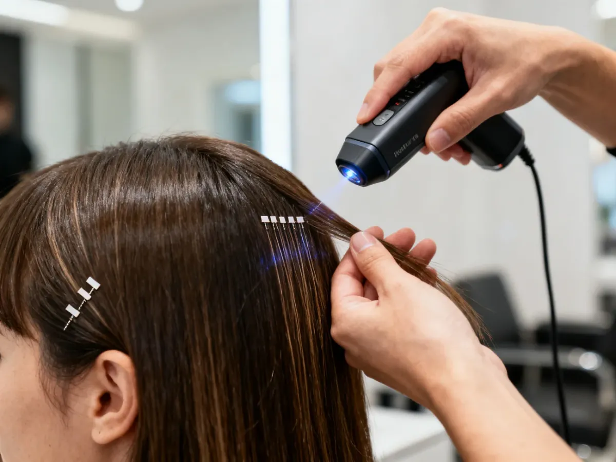 Stylista aplikuje nanołączenia laserowe na włosy klientki