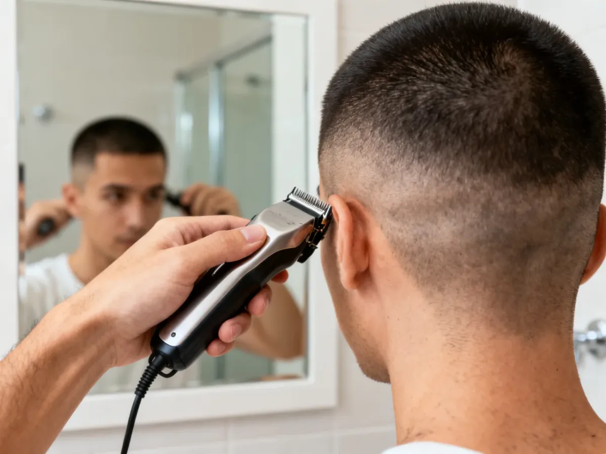Samodzielne strzyżenie buzz cut maszynką przed lustrem