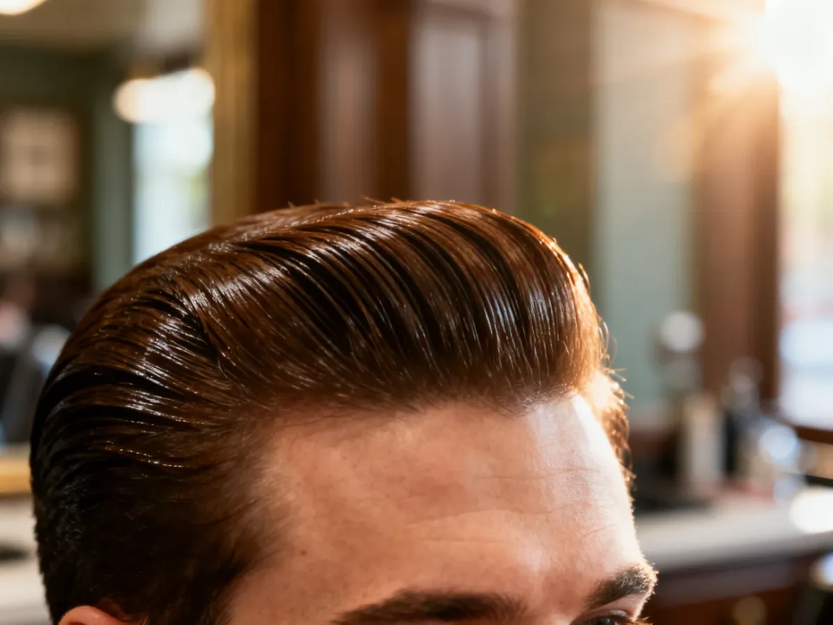 Męska fryzura z precyzyjnym przedziałkiem na boku, ułożona przy użyciu pomady w eleganckim wnętrzu barbershopu.