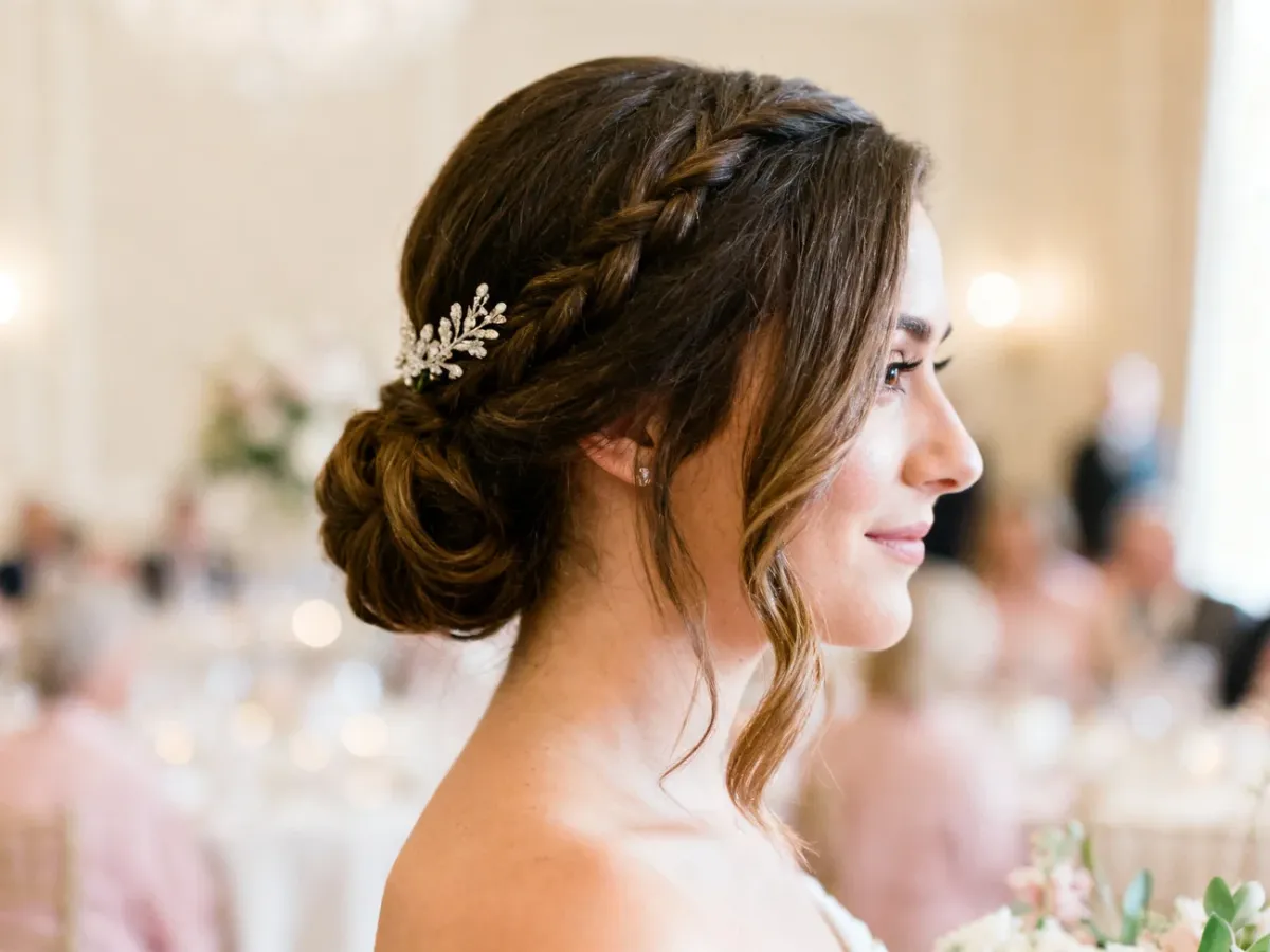 Eleganckie upięcie ślubne na średnich włosach z delikatnym warkoczem