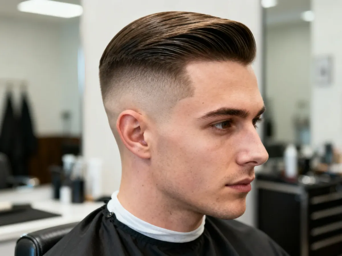 Mężczyzna z fryzurą side part w wersji skin fade