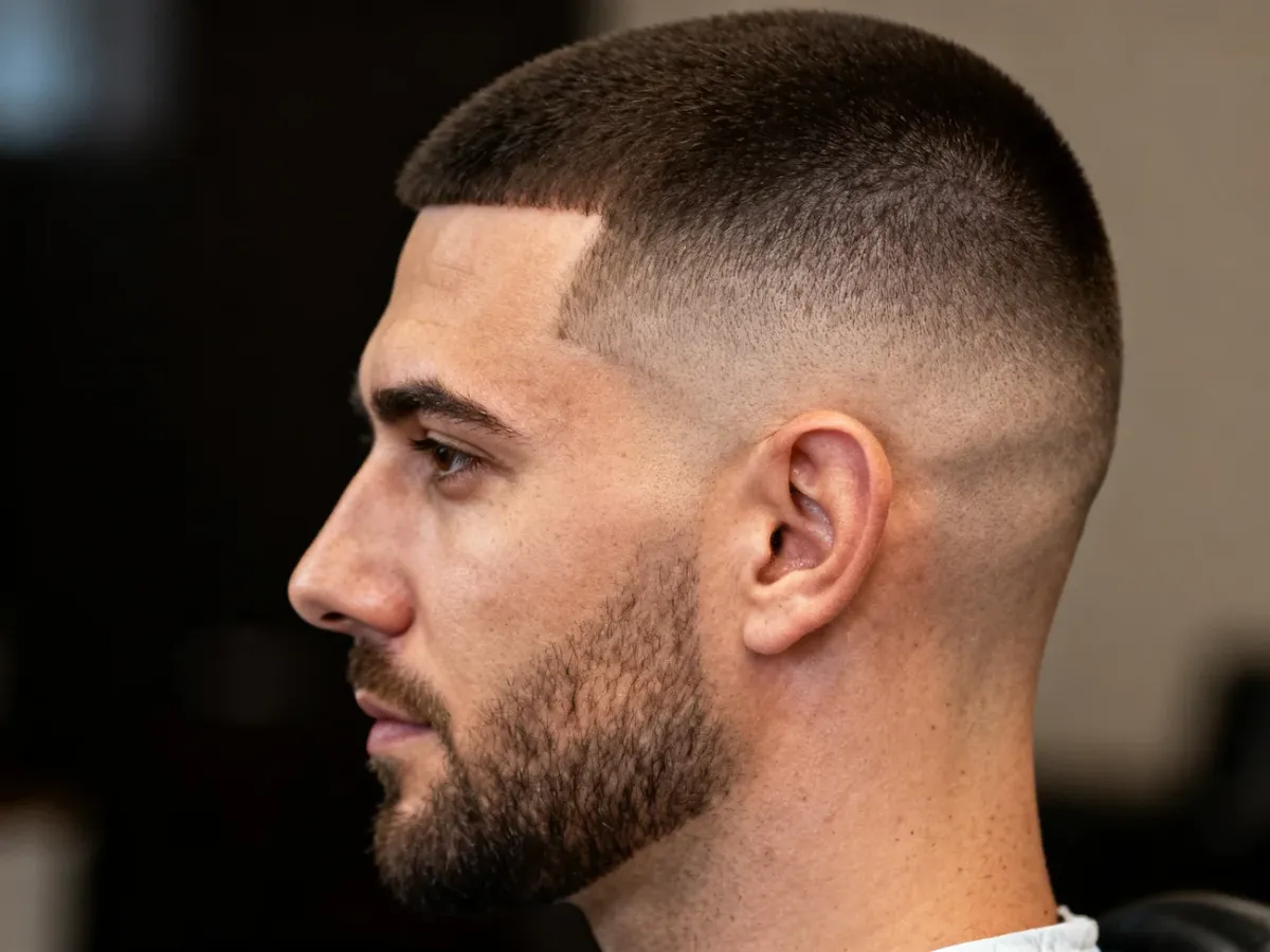 Mężczyzna z krótką fryzurą Buzz Cut i wysokim fade’em