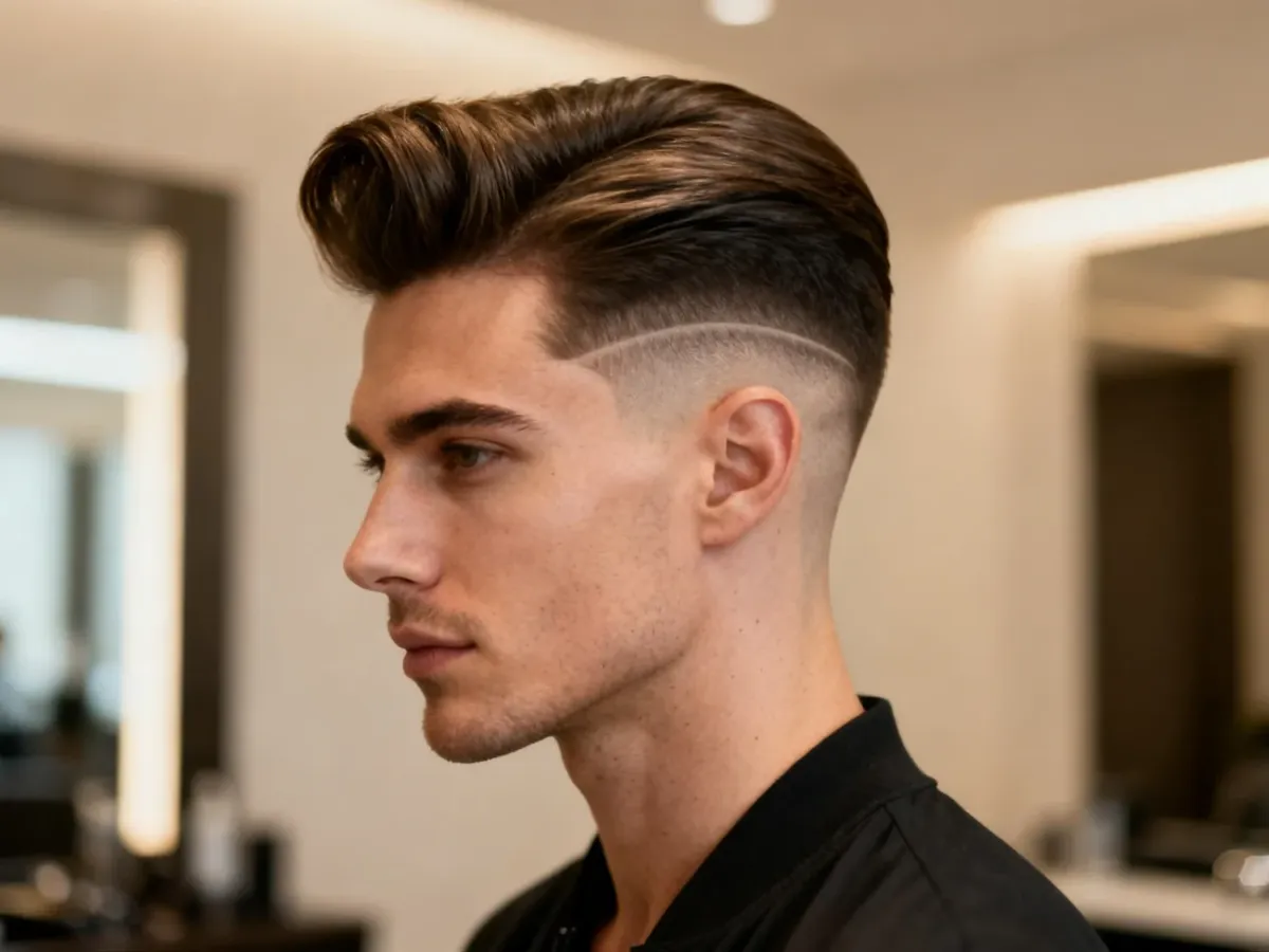 Elegancki quiff z boczną wygoloną kreską
