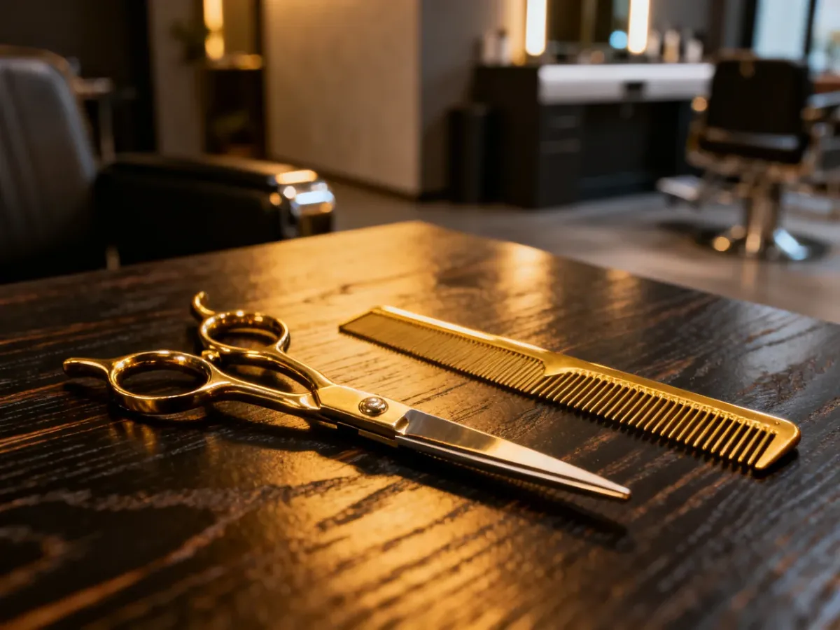 Profesjonalne nożyczki fryzjerskie i grzebień na drewnianym blacie w nowoczesnym salonie barberskim.