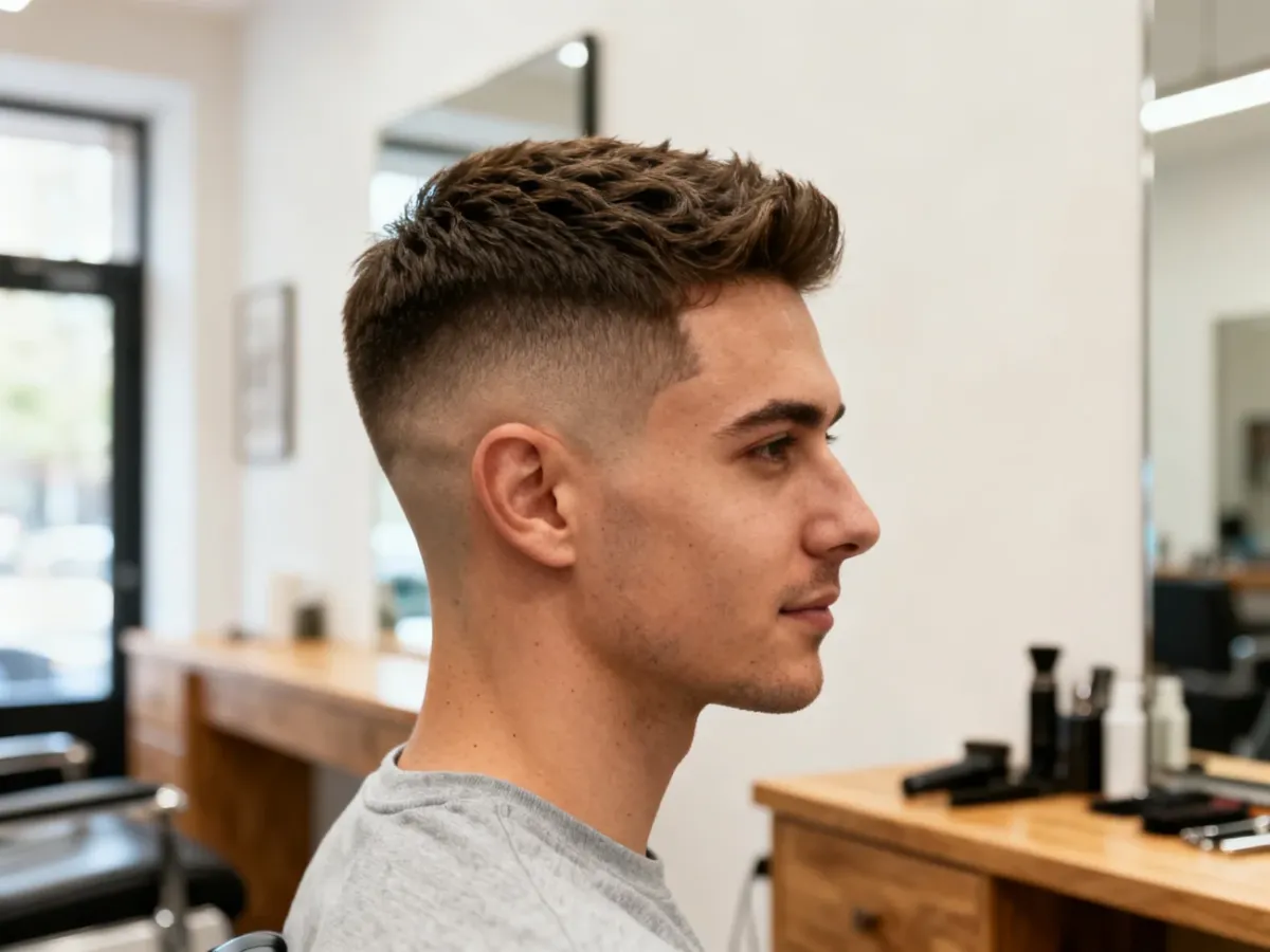 Mężczyzna z naturalnie wystylizowaną fryzurą undercut po wizycie u barbera