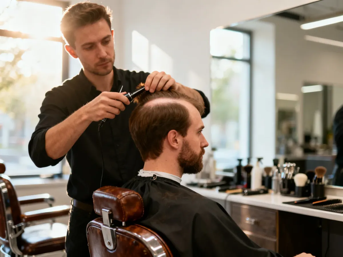 Fryzjer stylizuje włosy mężczyzny z widocznymi zakolami w nowoczesnym salonie fryzjerskim.