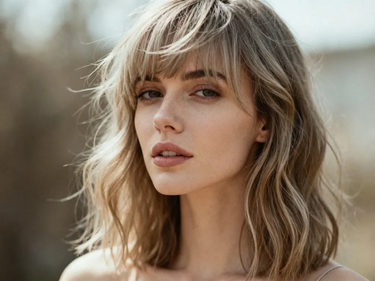 Falowany long bob z lekką, postrzępioną grzywką wispy bangs