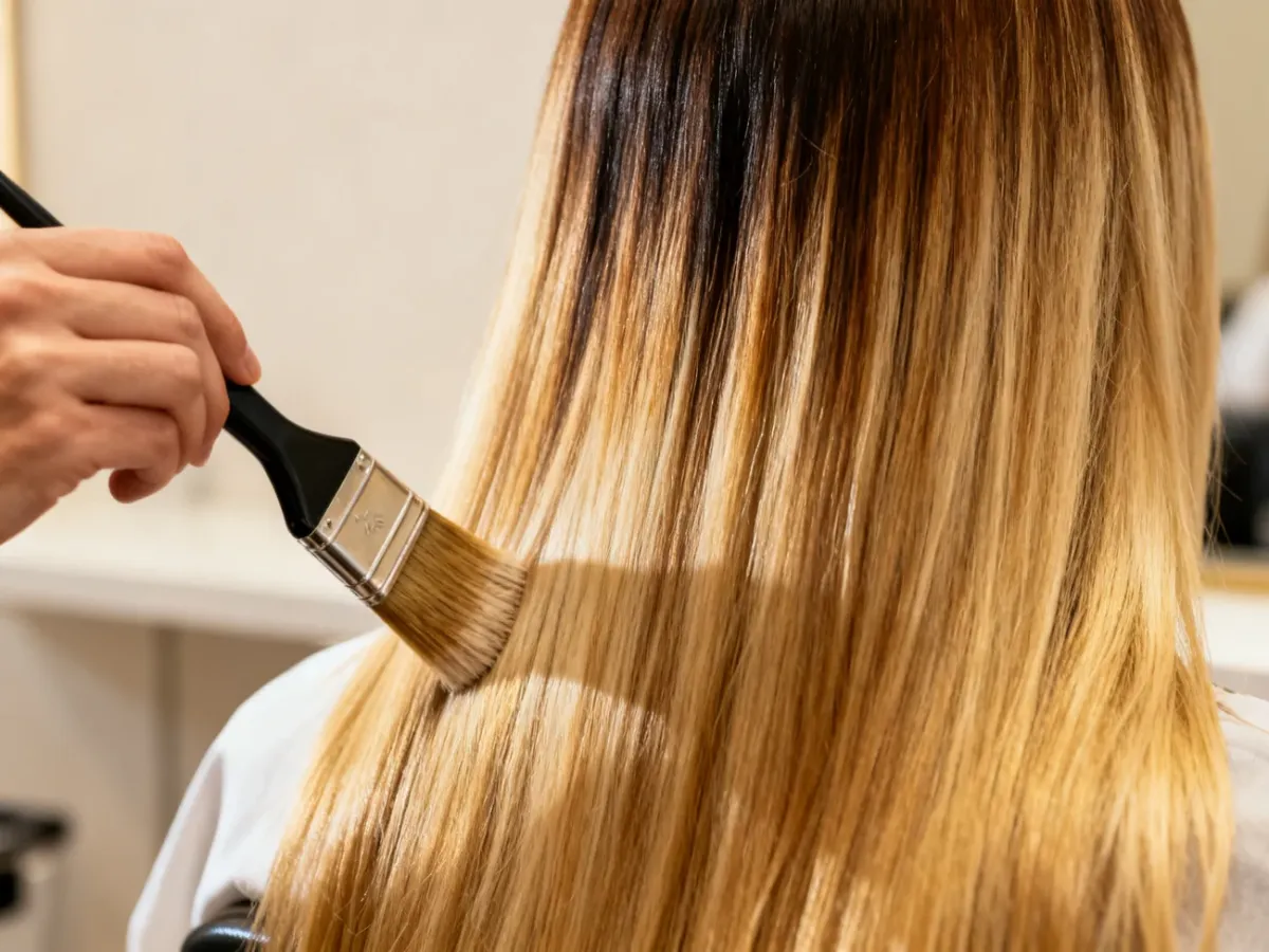 Fryzjer wykonujący delikatny balayage na włosach
