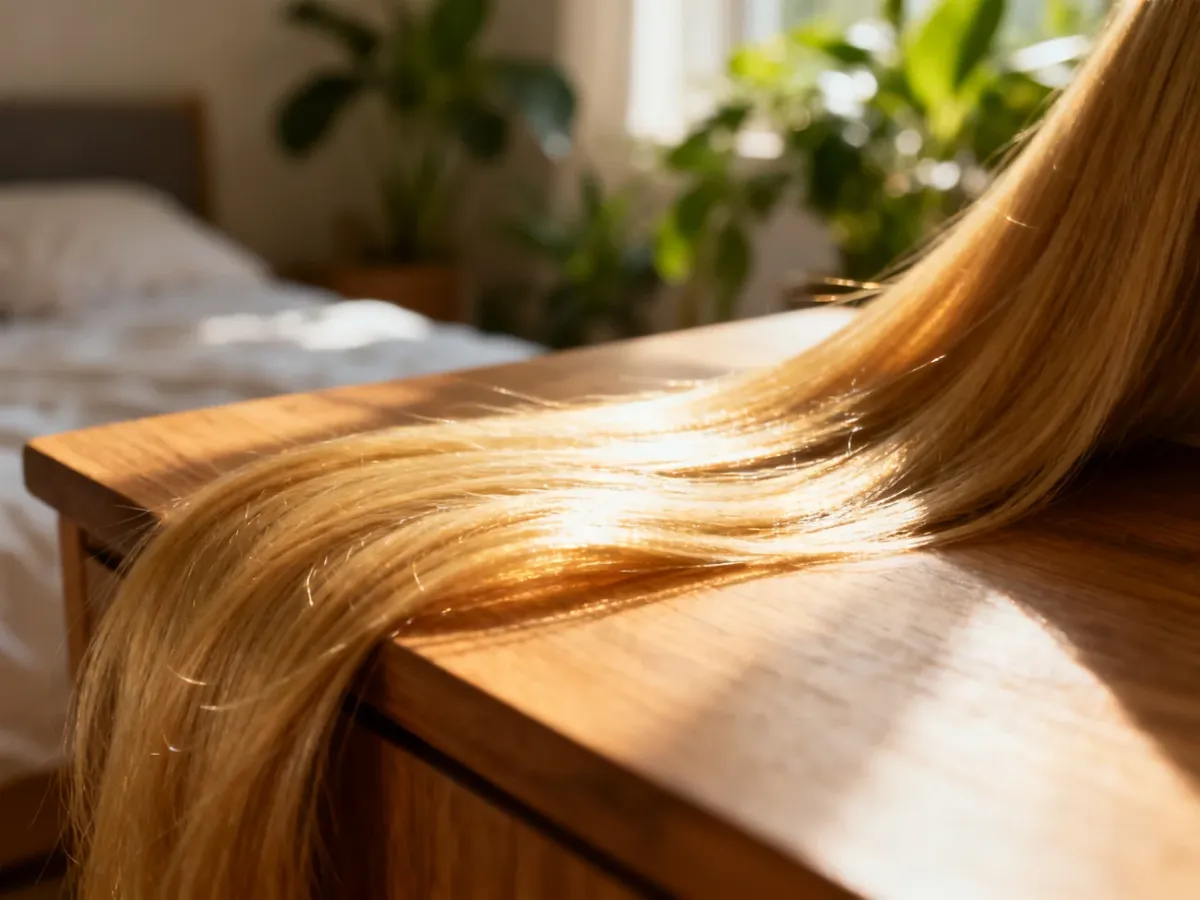 Zbliżenie na zdrowe, lśniące blond włosy w promieniach porannego słońca, podkreślające ich dobrą kondycję.