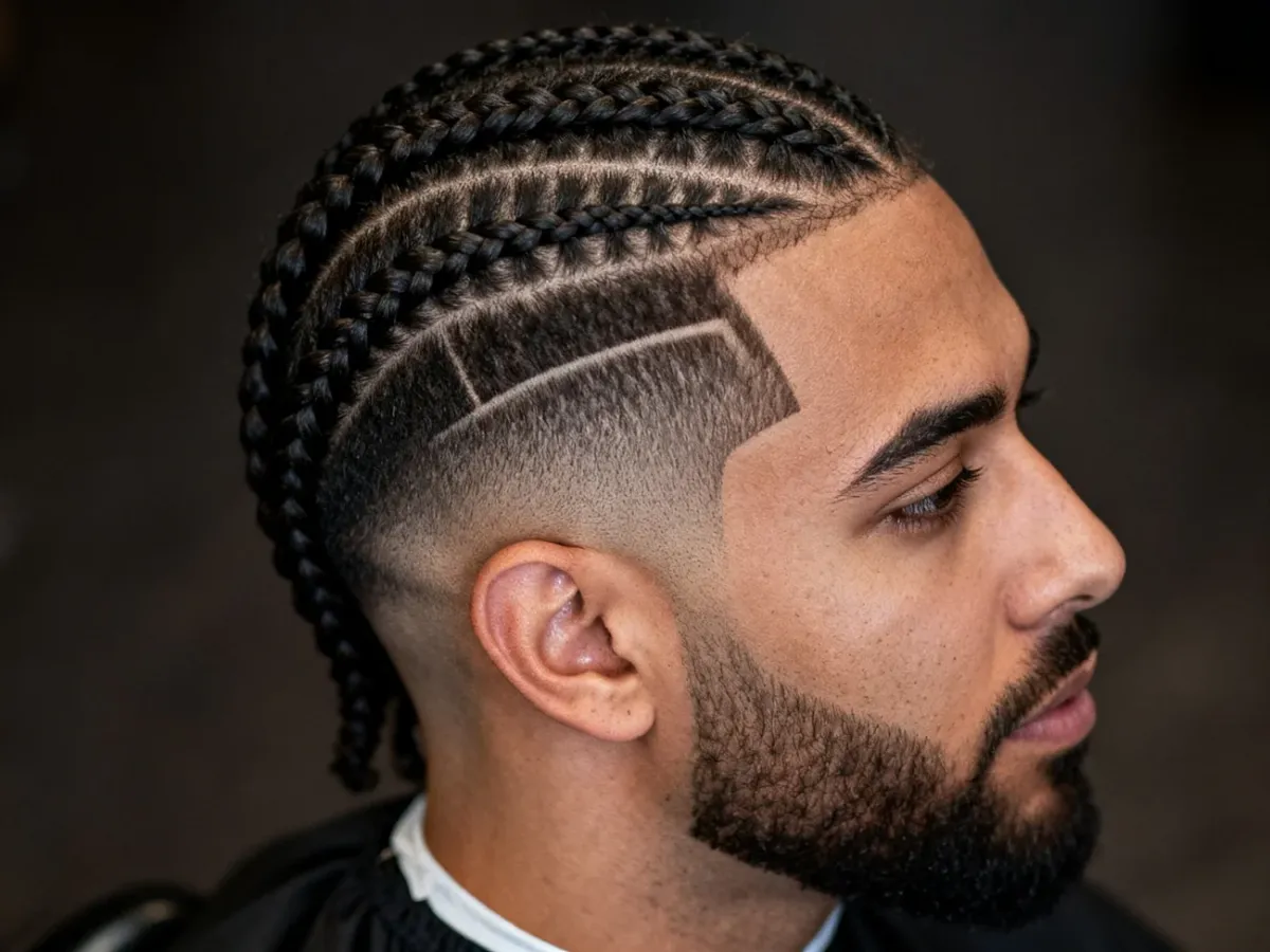 Męskie cornrows z geometrycznymi przedziałkami i wygolonymi bokami
