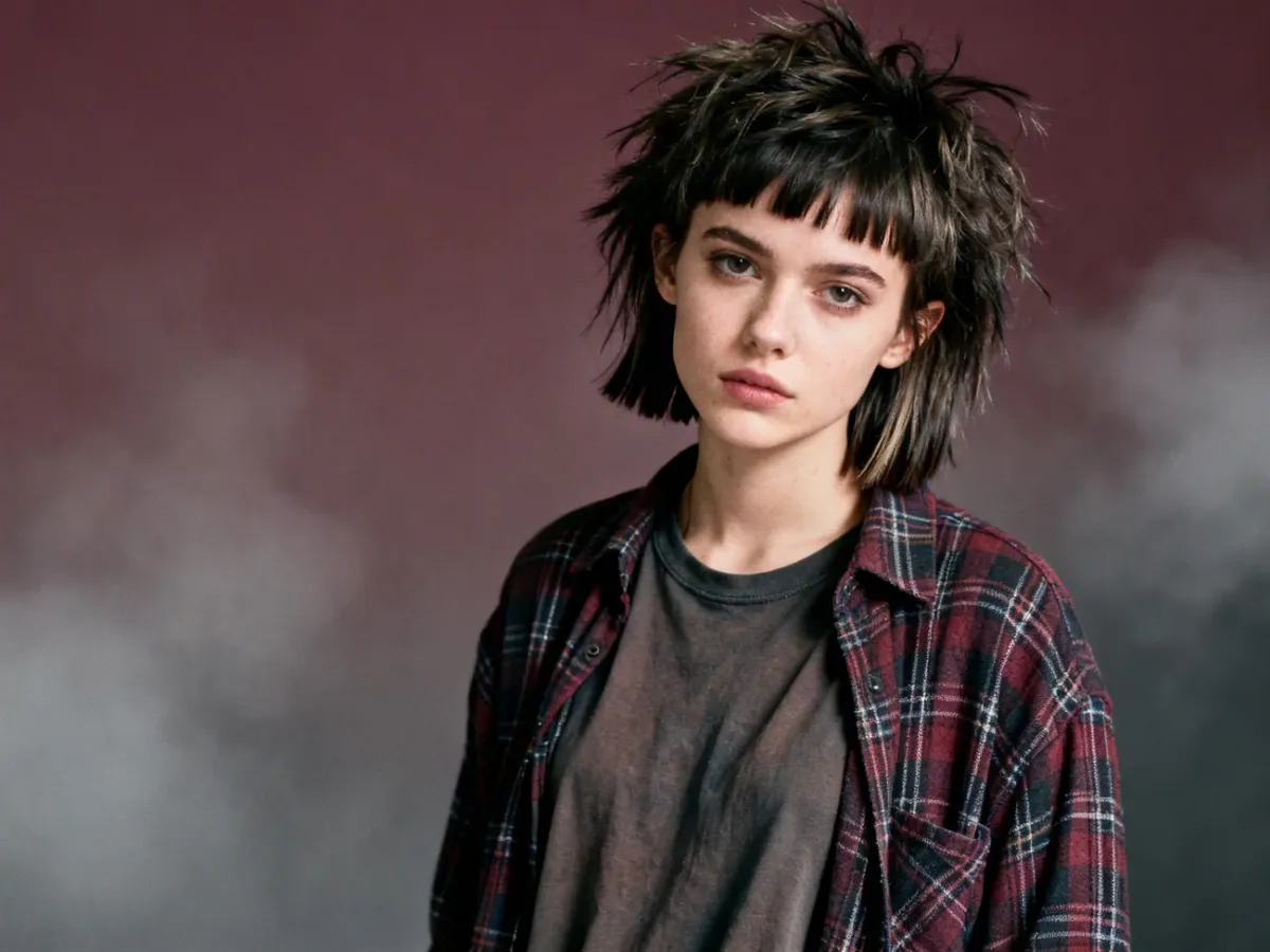 Kobieta z potarganą, warstwową fryzurą inspirowaną grunge’em lat 90.