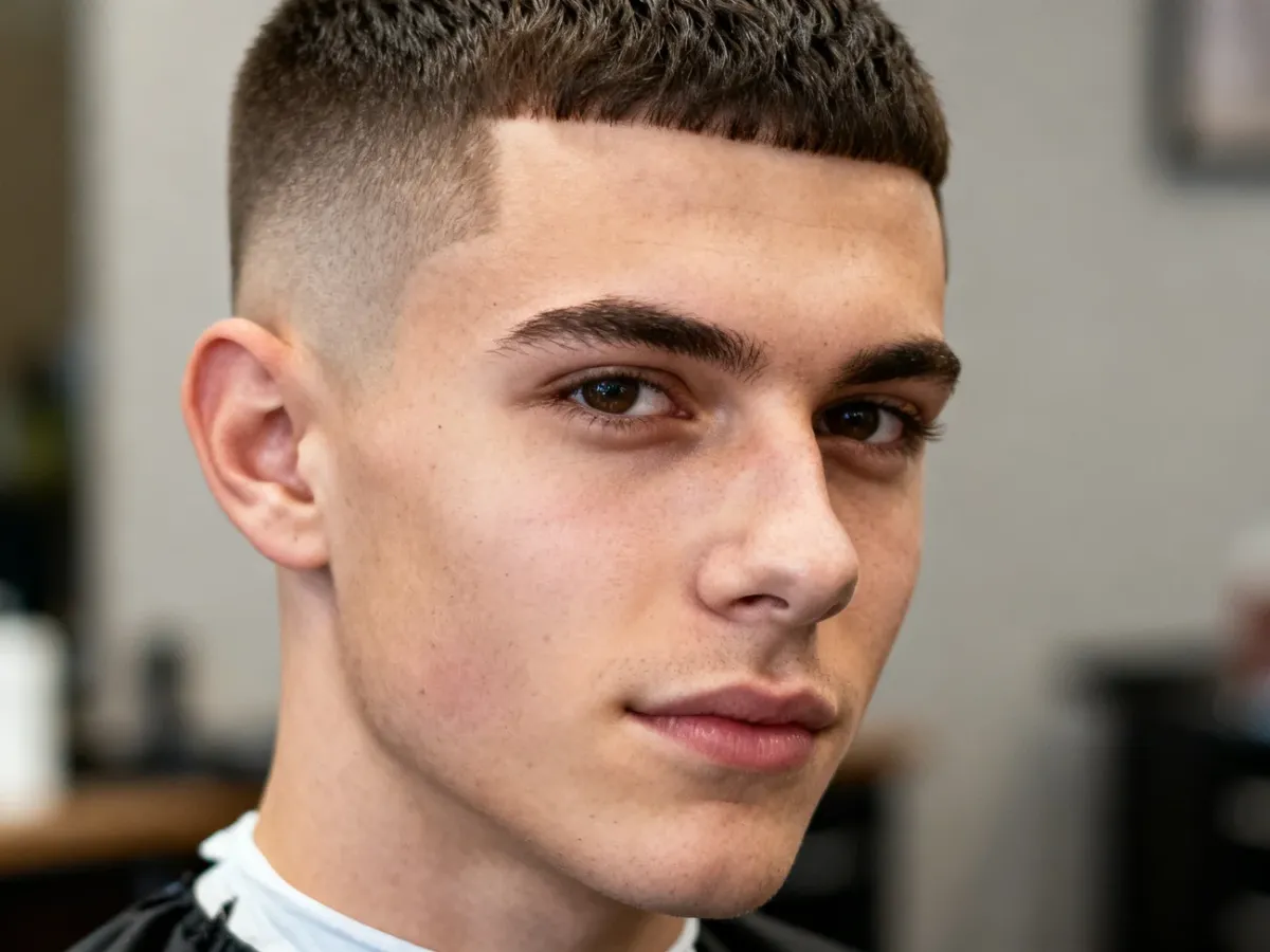 Mężczyzna z klasyczną fryzurą crew cut i cieniowanymi bokami w barbershopie