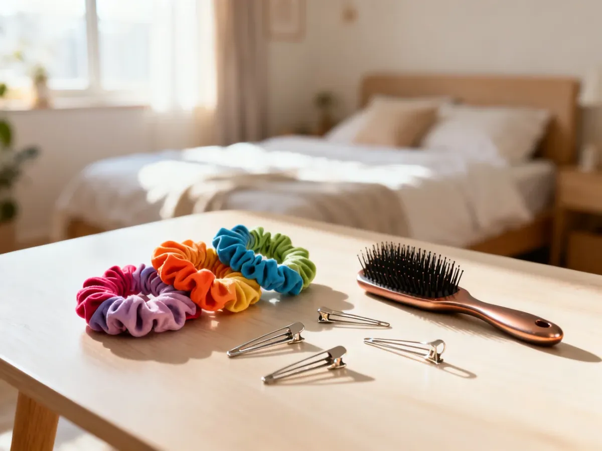 Kolorowe gumki typu scrunchies, minimalistyczne spinki i szczotka do włosów ułożone na drewnianym stole.