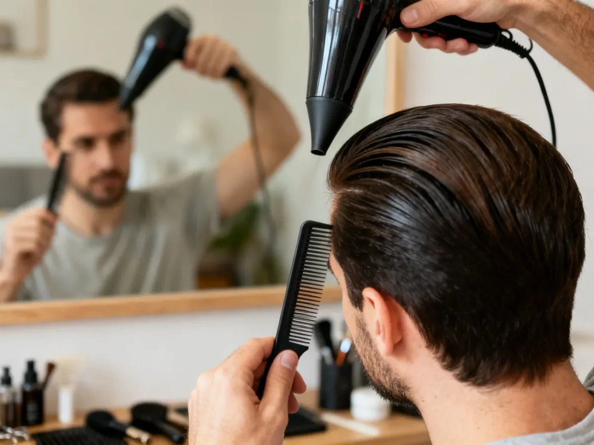 Stylizacja side part suszarką i grzebieniem w domu