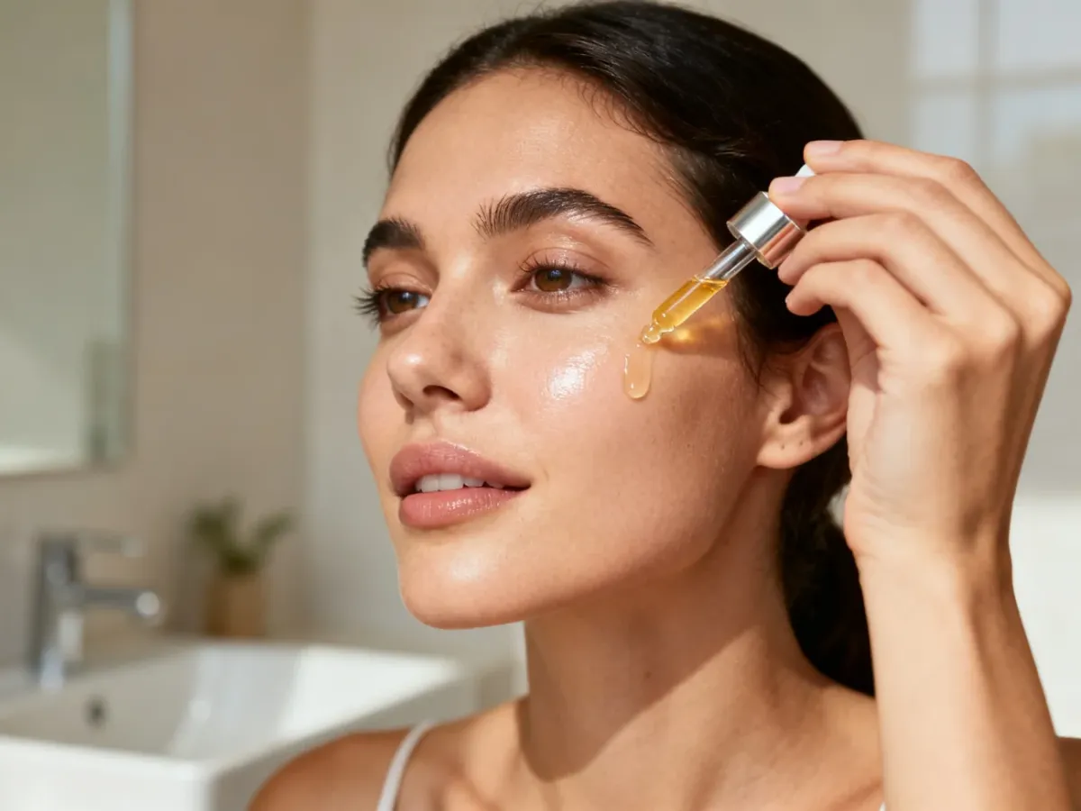 A person applying vitamin C serum to clean facial skin