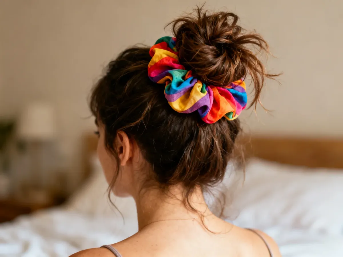 Duży kok ozdobiony kolorową scrunchie