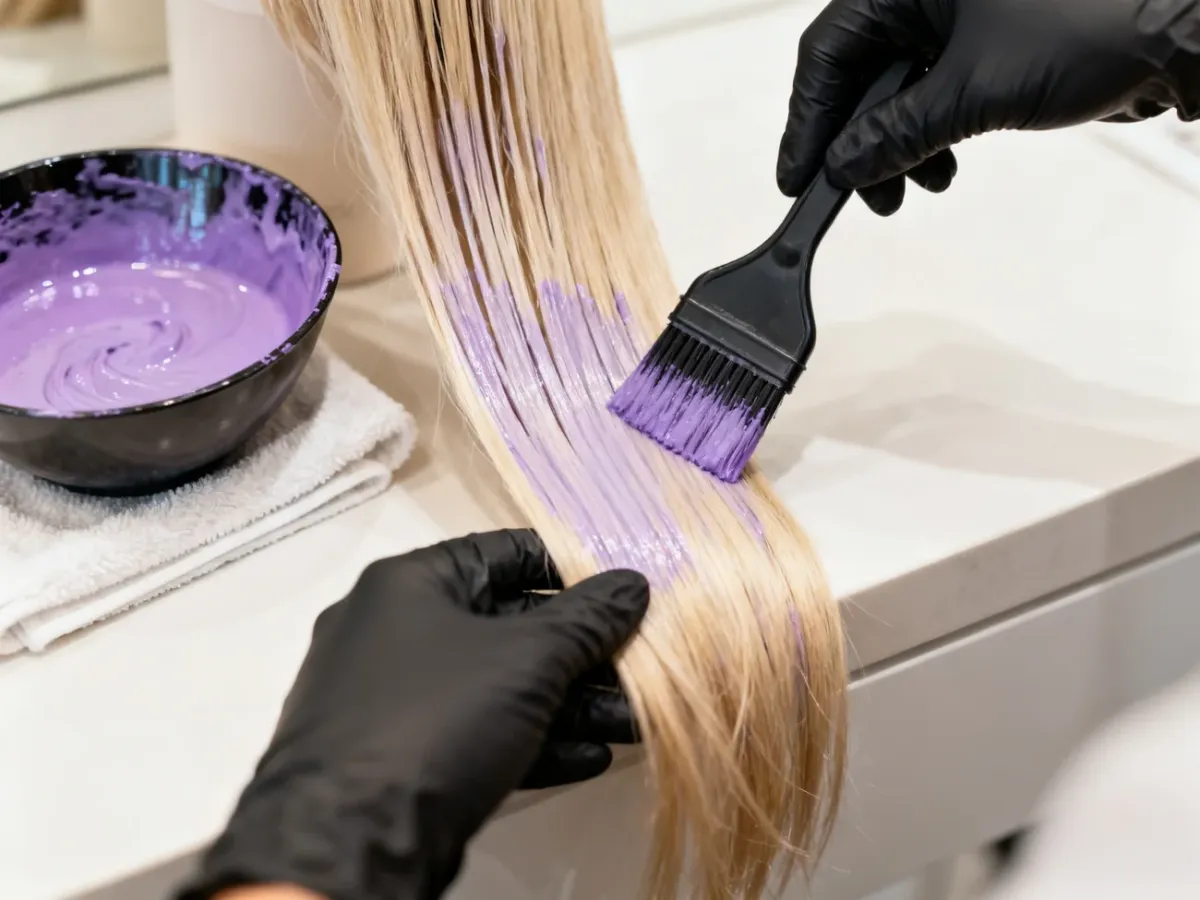 Nakładanie tonera na wilgotne blond włosy