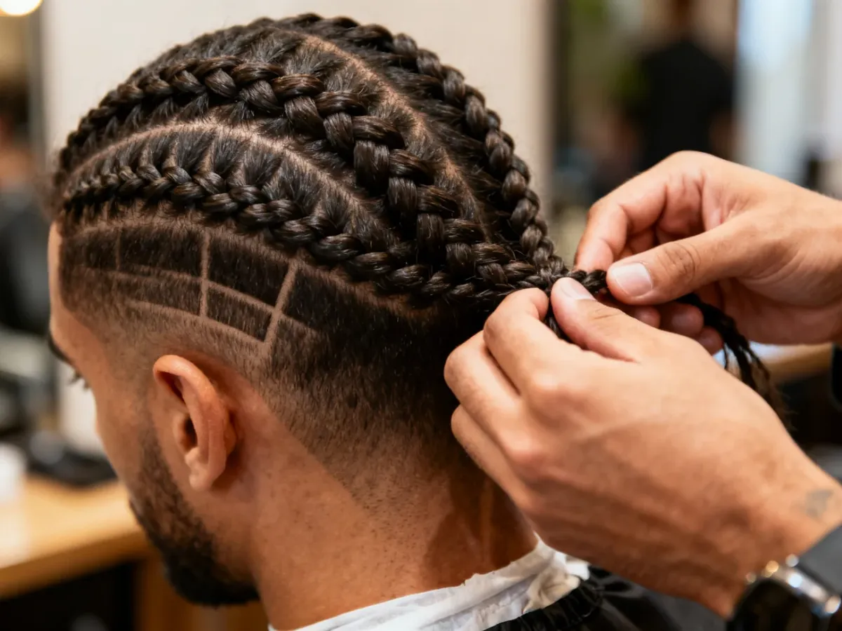 Stylista zaplatający równe warkoczyki cornrows przy skórze głowy