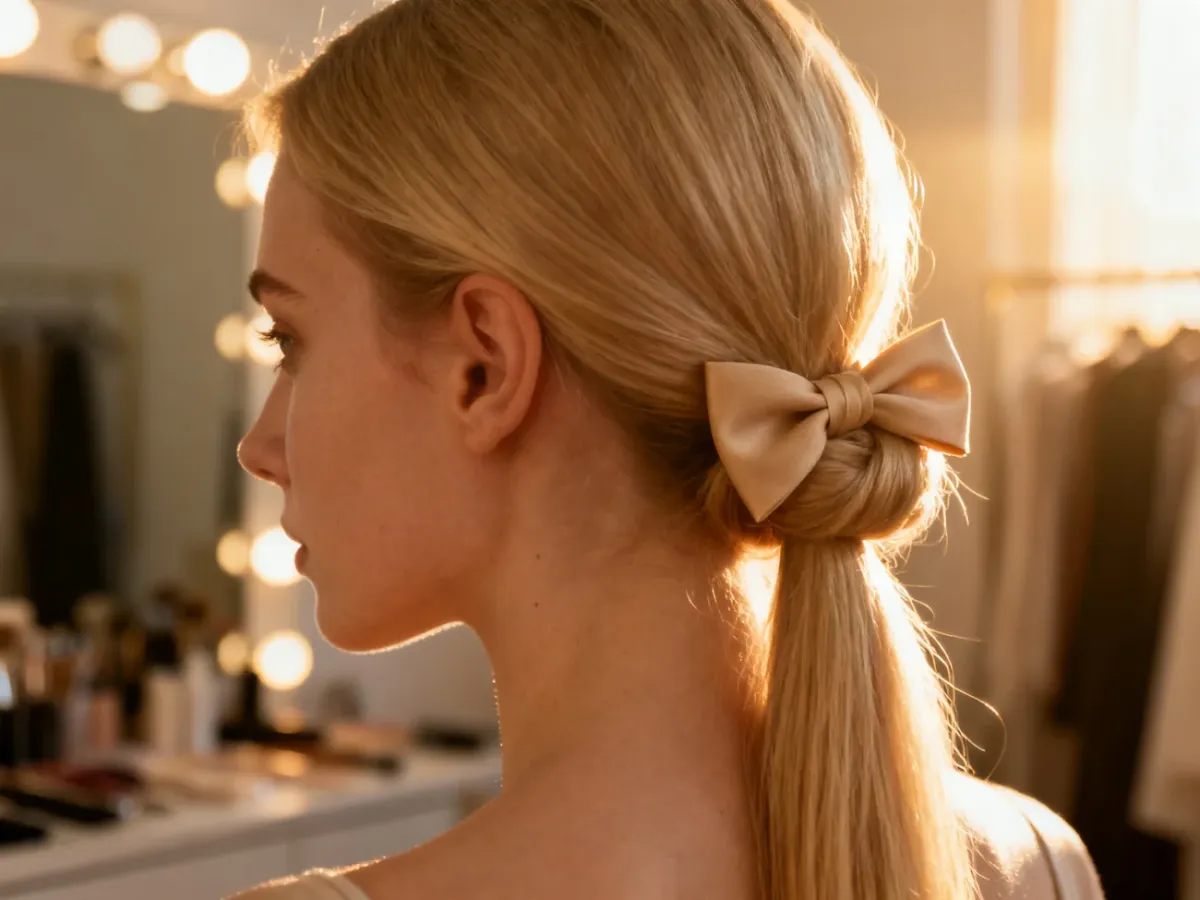 Elegancka kokarda uformowana z jasnych, blond włosów w słonecznym, minimalistycznym wnętrzu.
