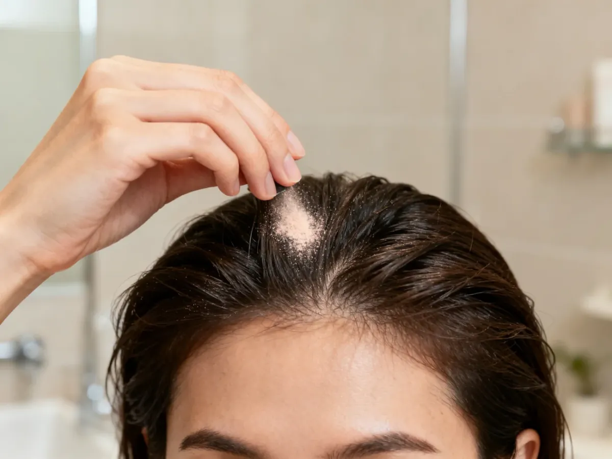 A person massages volumizing hair powder into the dry roots to lift the hairstyle