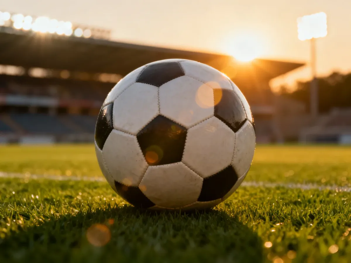 Nowoczesna piłka nożna na idealnie przystrzyżonej murawie stadionu w świetle zachodzącego słońca.